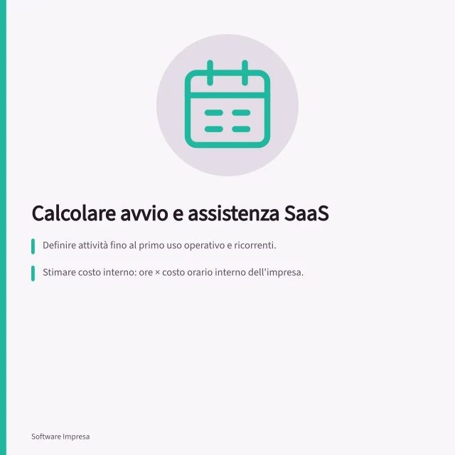 Calcolare avvio e assistenza SaaS: Definire attività fino al primo uso operativo e ricorrenti.; Stimare costo interno: ore × costo orario interno dell'impresa.; Sommare importi una tantum di fornitore, partner e assistenza ricorrente. Calcolare implementazione e assistenza