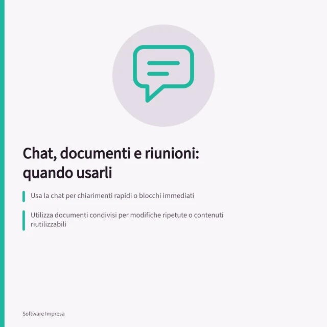 Chat, documenti e riunioni: quando usarli: Usa la chat per chiarimenti rapidi o blocchi immediati; Utilizza documenti condivisi per modifiche ripetute o contenuti riutilizzabili; Organizza riunioni per confrontare alternative o risolvere disaccordi. Chat, documenti e riunioni a confronto