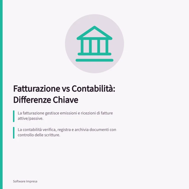 Fatturazione vs Contabilità: Differenze Chiave: La fatturazione gestisce emissioni e ricezioni di fatture attive/passive.; La contabilità verifica, registra e archivia documenti con controllo delle scritture.; L'SdI controlla la fattura elettronica ma non sostituisce il controllo amministrativo. Confrontare fatturazione e contabilità: funzioni, differenze