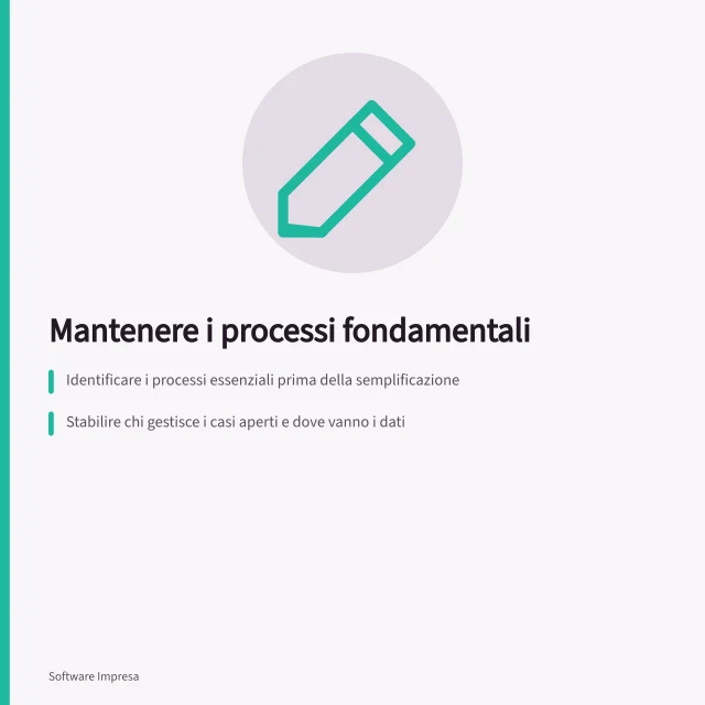 Mantenere i processi fondamentali: Identificare i processi essenziali prima della semplificazione; Stabilire chi gestisce i casi aperti e dove vanno i dati; Verificare il funzionamento con casi di prova prima del ritiro. Conservare i processi essenziali durante la semplificazione
