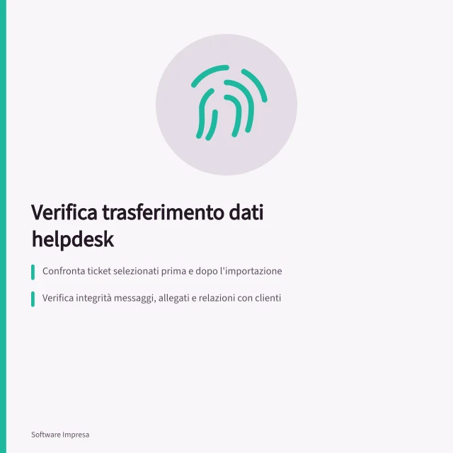 Verifica trasferimento dati helpdesk: Confronta ticket selezionati prima e dopo l'importazione; Verifica integrità messaggi, allegati e relazioni con clienti; Usa un campione con dati fittizi e caratteri accentati. Controllare il trasferimento dei dati da un vecchio helpdesk