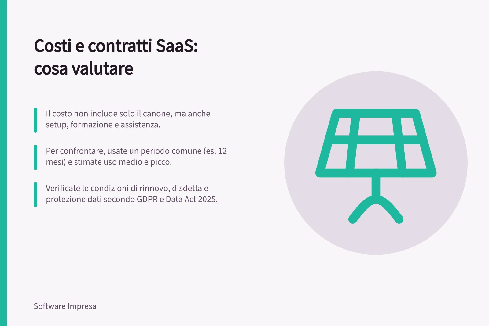 Costi e contratti SaaS: cosa valutare: Il costo non include solo il canone, ma anche setup, formazione e assistenza.; Per confrontare, usate un periodo comune (es. 12 mesi) e stimate uso medio e picco.; Verificate le condizioni di rinnovo, disdetta e protezione dati secondo GDPR e Data Act 2025.
