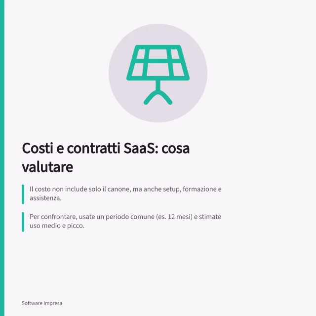 Costi e contratti SaaS: cosa valutare: Il costo non include solo il canone, ma anche setup, formazione e assistenza.; Per confrontare, usate un periodo comune (es. 12 mesi) e stimate uso medio e picco.; Verificate le condizioni di rinnovo, disdetta e protezione dati secondo GDPR e Data Act 2025. Costi e contratti SaaS