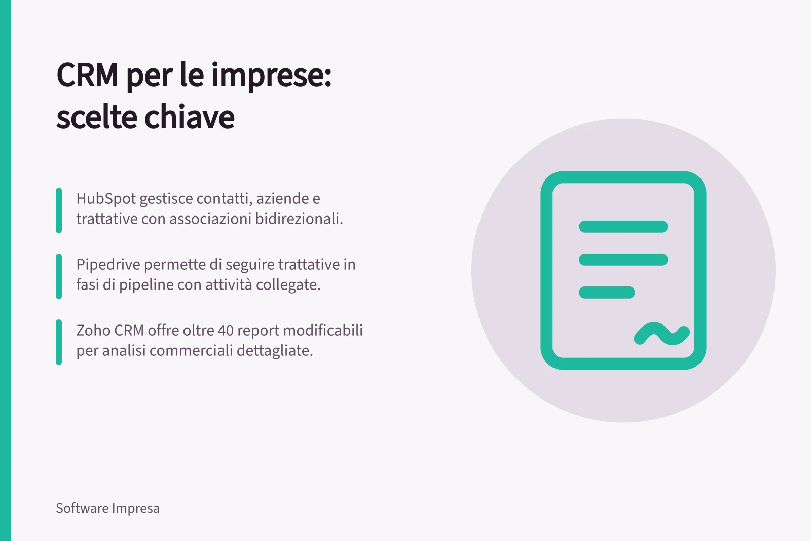 CRM per le imprese: scelte chiave: HubSpot gestisce contatti, aziende e trattative con associazioni bidirezionali.; Pipedrive permette di seguire trattative in fasi di pipeline con attività collegate.; Zoho CRM offre oltre 40 report modificabili per analisi commerciali dettagliate.