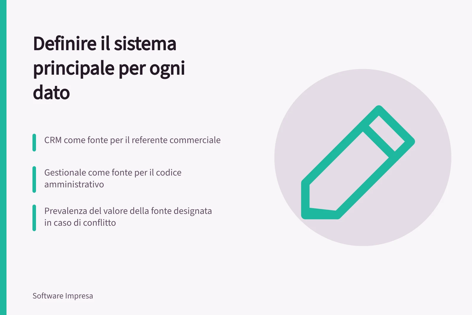 Definire il sistema principale per ogni dato: CRM come fonte per il referente commerciale; Gestionale come fonte per il codice amministrativo; Prevalenza del valore della fonte designata in caso di conflitto