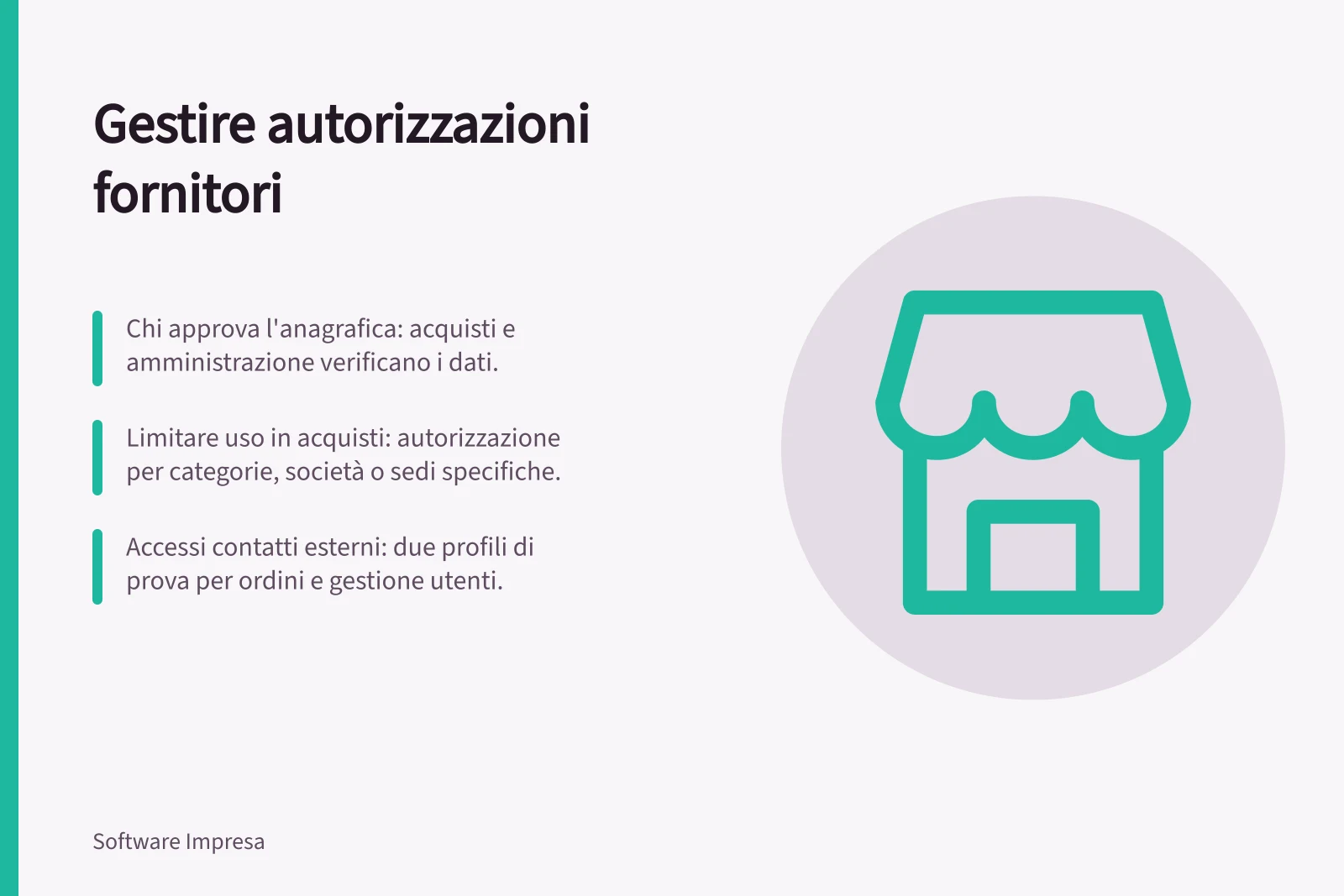 Gestire autorizzazioni fornitori: Chi approva l'anagrafica: acquisti e amministrazione verificano i dati.; Limitare uso in acquisti: autorizzazione per categorie, società o sedi specifiche.; Accessi contatti esterni: due profili di prova per ordini e gestione utenti.
