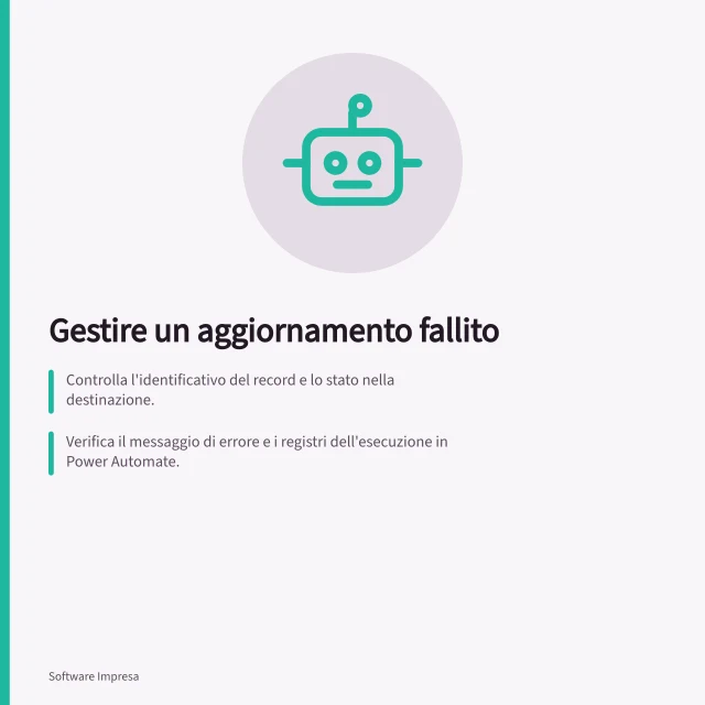 Gestire un aggiornamento fallito: Controlla l'identificativo del record e lo stato nella destinazione.; Verifica il messaggio di errore e i registri dell'esecuzione in Power Automate.; Correggi dati errati o ripeti l'invio solo dopo aver risolto la causa. Gestire un aggiornamento fallito