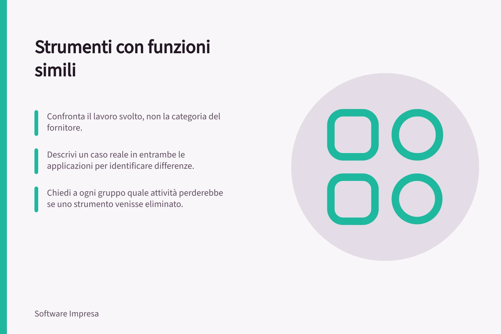 Strumenti con funzioni simili: Confronta il lavoro svolto, non la categoria del fornitore.; Descrivi un caso reale in entrambe le applicazioni per identificare differenze.; Chiedi a ogni gruppo quale attività perderebbe se uno strumento venisse eliminato.