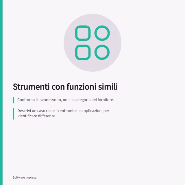 Strumenti con funzioni simili: Confronta il lavoro svolto, non la categoria del fornitore.; Descrivi un caso reale in entrambe le applicazioni per identificare differenze.; Chiedi a ogni gruppo quale attività perderebbe se uno strumento venisse eliminato. Individuare strumenti con la stessa funzione