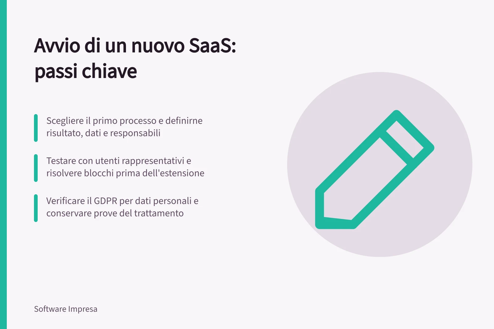 Avvio di un nuovo SaaS: passi chiave: Scegliere il primo processo e definirne risultato, dati e responsabili; Testare con utenti rappresentativi e risolvere blocchi prima dell'estensione; Verificare il GDPR per dati personali e conservare prove del trattamento