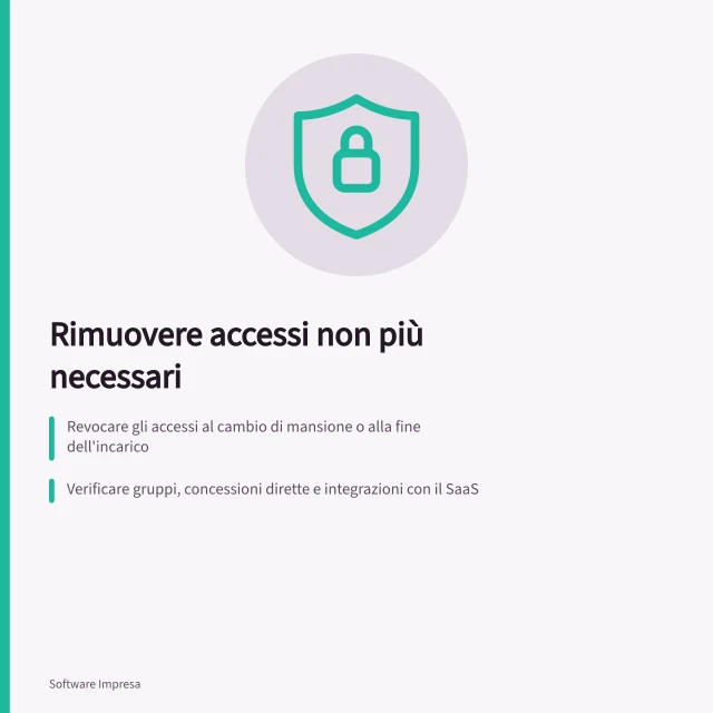 Rimuovere accessi non più necessari: Revocare gli accessi al cambio di mansione o alla fine dell'incarico; Verificare gruppi, concessioni dirette e integrazioni con il SaaS; Documentare evento, servizi interessati e responsabile della revoca. Rimuovere accessi non più necessari