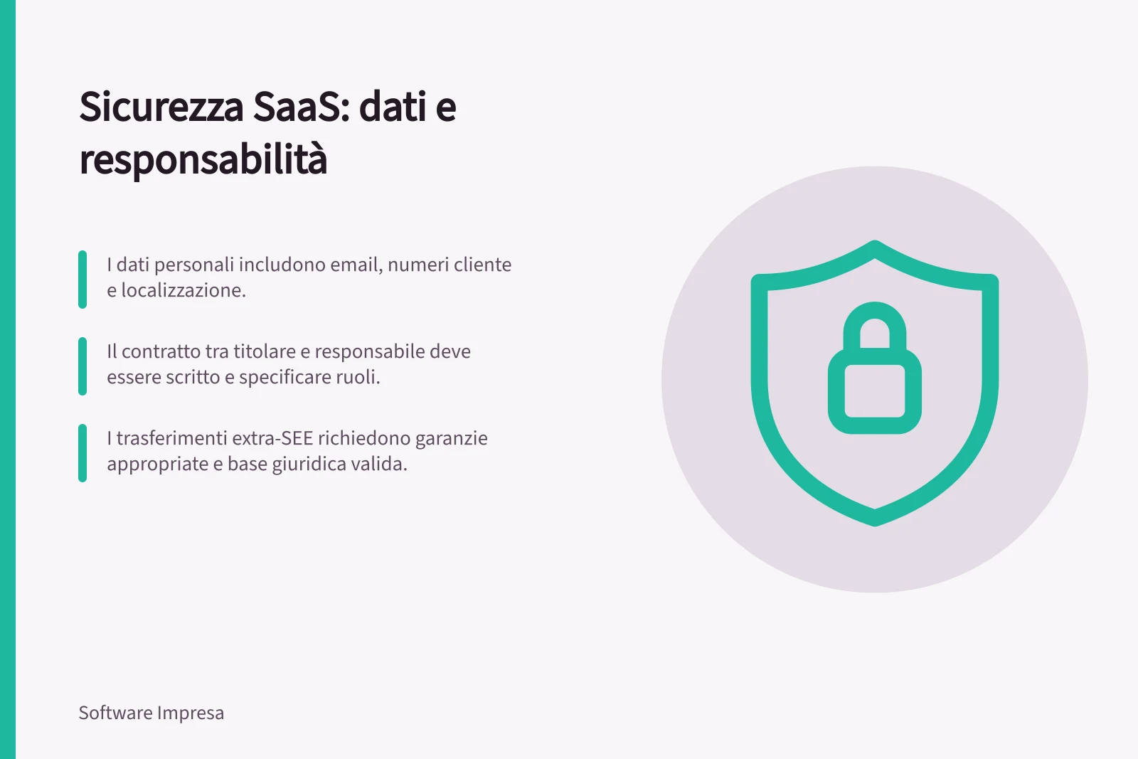 Sicurezza SaaS: dati e responsabilità: I dati personali includono email, numeri cliente e localizzazione.; Il contratto tra titolare e responsabile deve essere scritto e specificare ruoli.; I trasferimenti extra-SEE richiedono garanzie appropriate e base giuridica valida.