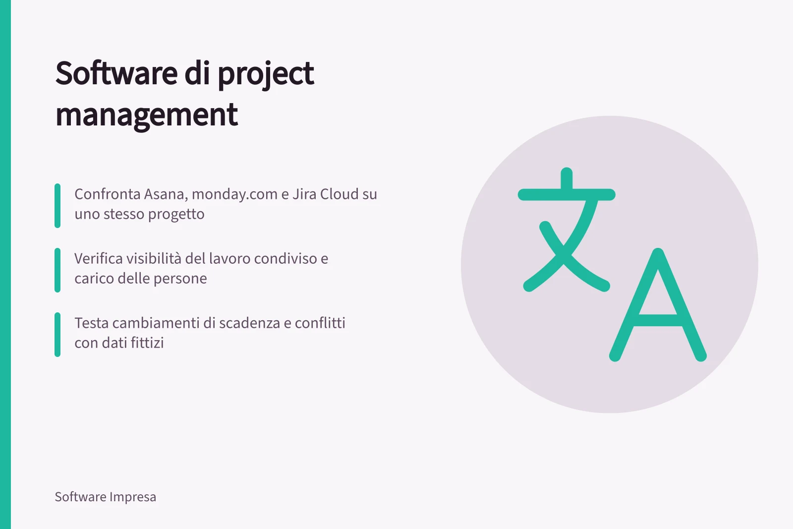 Software di project management: Confronta Asana, monday.com e Jira Cloud su uno stesso progetto; Verifica visibilità del lavoro condiviso e carico delle persone; Testa cambiamenti di scadenza e conflitti con dati fittizi
