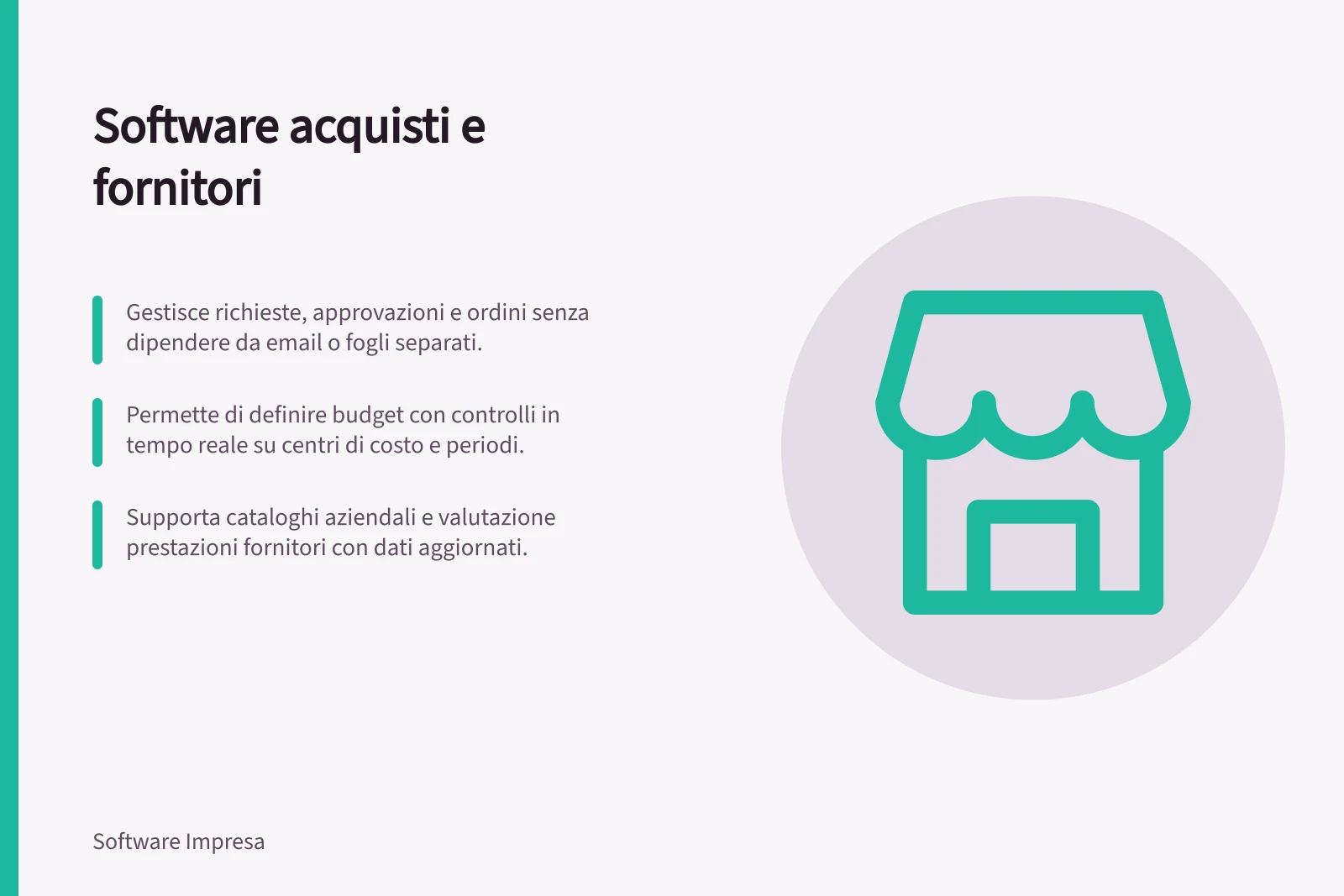 Software acquisti e fornitori: Gestisce richieste, approvazioni e ordini senza dipendere da email o fogli separati.; Permette di definire budget con controlli in tempo reale su centri di costo e periodi.; Supporta cataloghi aziendali e valutazione prestazioni fornitori con dati aggiornati.