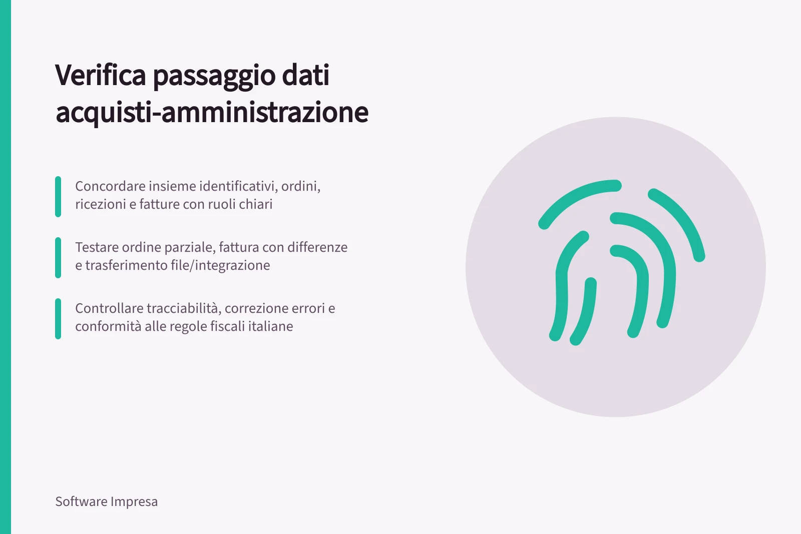 Verifica passaggio dati acquisti-amministrazione: Concordare insieme identificativi, ordini, ricezioni e fatture con ruoli chiari; Testare ordine parziale, fattura con differenze e trasferimento file/integrazione; Controllare tracciabilità, correzione errori e conformità alle regole fiscali italiane