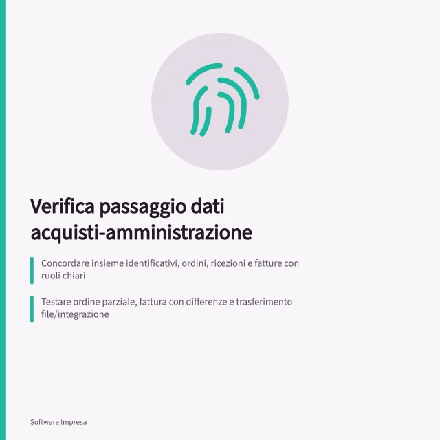 Verifica passaggio dati acquisti-amministrazione: Concordare insieme identificativi, ordini, ricezioni e fatture con ruoli chiari; Testare ordine parziale, fattura con differenze e trasferimento file/integrazione; Controllare tracciabilità, correzione errori e conformità alle regole fiscali italiane. Testare il passaggio dei dati all'amministrazione