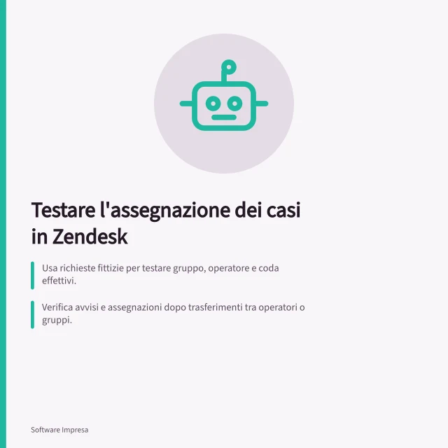 Testare l'assegnazione dei casi in Zendesk: Usa richieste fittizie per testare gruppo, operatore e coda effettivi.; Verifica avvisi e assegnazioni dopo trasferimenti tra operatori o gruppi.; Registra esito atteso, assegnatario osservato e correzioni richieste per ogni caso. Testare l'assegnazione dei casi