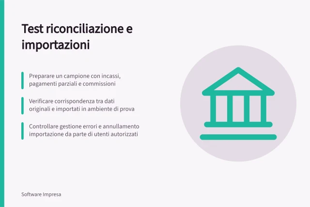 Test riconciliazione e importazioni: Preparare un campione con incassi, pagamenti parziali e commissioni; Verificare corrispondenza tra dati originali e importati in ambiente di prova; Controllare gestione errori e annullamento importazione da parte di utenti autorizzati. Testare riconciliazione e importazioni