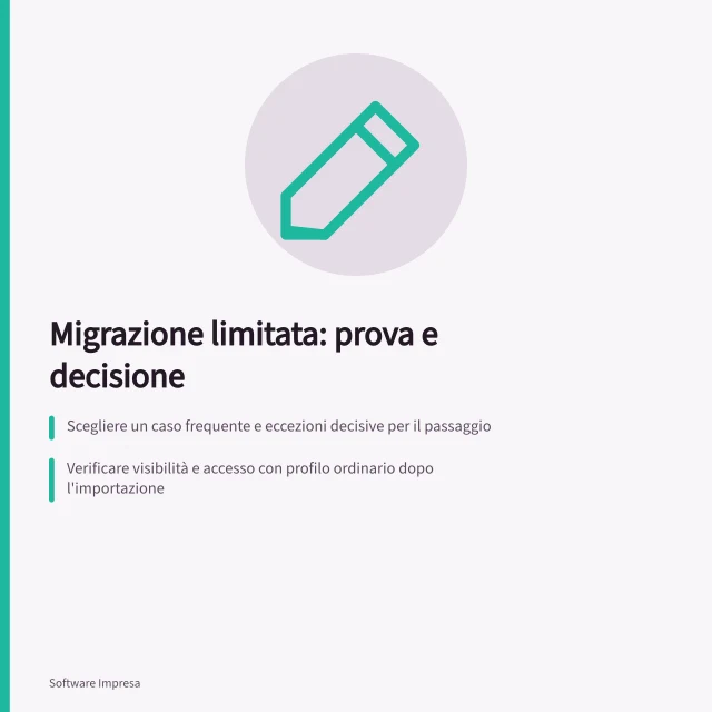 Migrazione limitata: prova e decisione: Scegliere un caso frequente e eccezioni decisive per il passaggio; Verificare visibilità e accesso con profilo ordinario dopo l'importazione; Ripetere il trasferimento senza duplicati o versioni confondenti. Testare una migrazione limitata