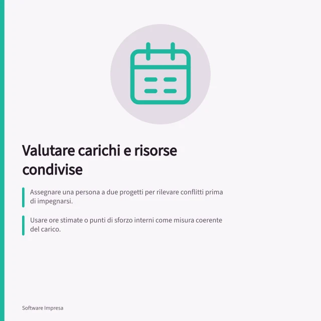 Valutare carichi e risorse condivise: Assegnare una persona a due progetti per rilevare conflitti prima di impegnarsi.; Usare ore stimate o punti di sforzo interni come misura coerente del carico.; Jira Cloud usa 40 ore settimanali fisse, senza considerare orari personalizzati. Valutare carichi di lavoro e risorse condivise