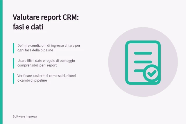 Valutare report CRM: fasi e dati: Definire condizioni di ingresso chiare per ogni fase della pipeline; Usare filtri, date e regole di conteggio comprensibili per i report; Verificare casi critici come salti, ritorni o cambi di pipeline. Valutare report e fasi commerciali
