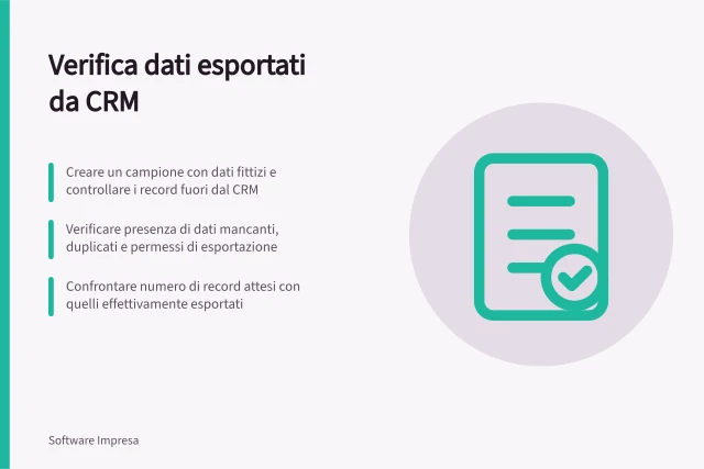 Verifica dati esportati da CRM: Creare un campione con dati fittizi e controllare i record fuori dal CRM; Verificare presenza di dati mancanti, duplicati e permessi di esportazione; Confrontare numero di record attesi con quelli effettivamente esportati. Verificare esportazione e qualità dei dati