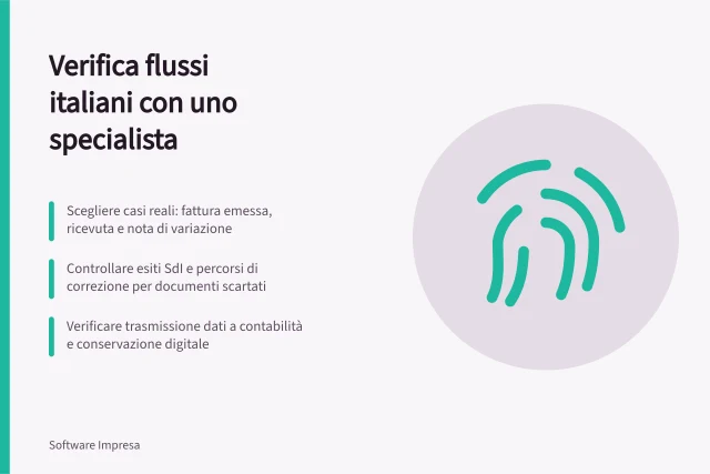 Verifica flussi italiani con uno specialista: Scegliere casi reali: fattura emessa, ricevuta e nota di variazione; Controllare esiti SdI e percorsi di correzione per documenti scartati; Verificare trasmissione dati a contabilità e conservazione digitale. Verificare il supporto ai flussi italiani con uno specialista
