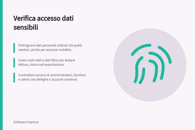 Verifica accesso dati sensibili: Distinguere dati personali ordinari da quelli sanitari, anche per assenze malattia.; Usare ruoli reali e dati fittizi per testare lettura, ricerca ed esportazione.; Controllare accessi di amministratori, fornitori e utenti con deleghe o account condivisi. Verificare l'accesso ai dati sensibili